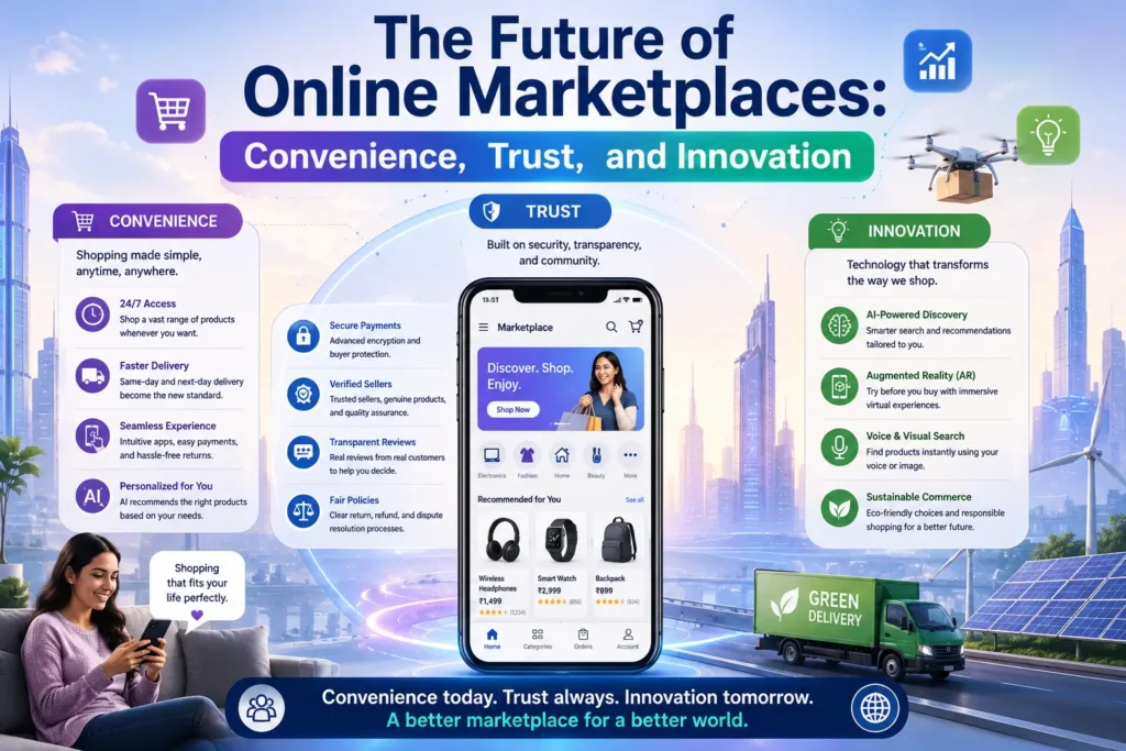 Modern online marketplace interface showcasing seamless shopping, secure transactions, and innovative digital features for consumers.