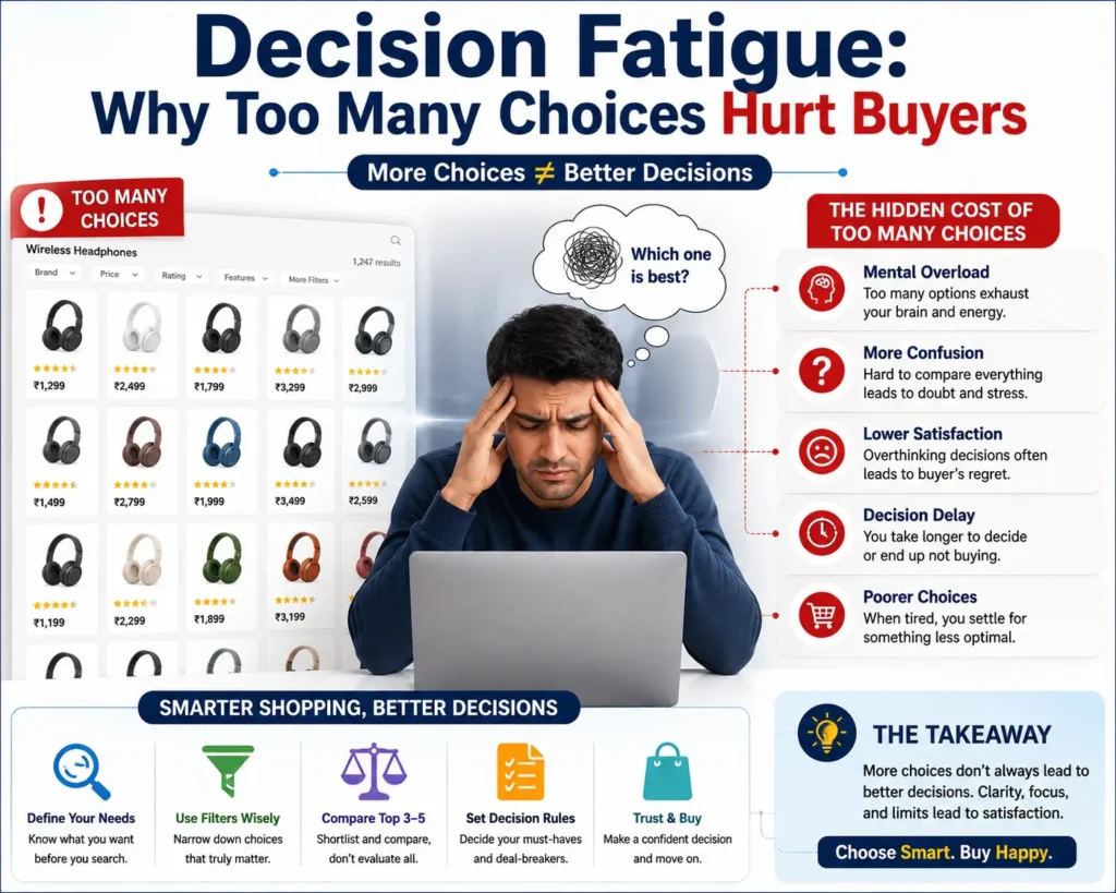 Shopper overwhelmed by numerous product options while browsing online, struggling to make a confident purchasing decision.