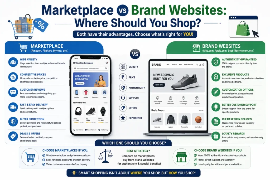 Consumer comparing products on an online marketplace and a brand’s official website to evaluate pricing, trust, and shopping benefits.