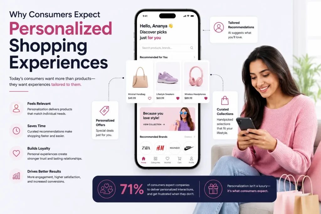 Why Consumers Expect Personalized Shopping Experiences, featuring tailored product recommendations, customized offers, and data-driven shopping journeys.