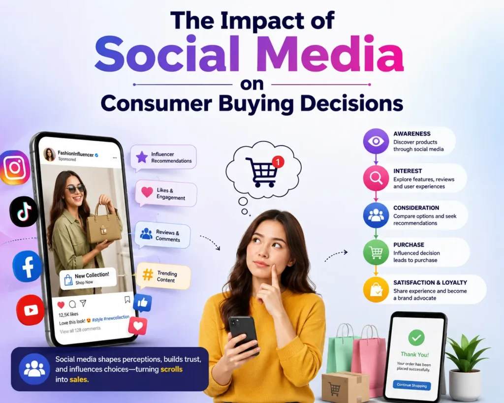 A professional infographic illustrating how social media influences consumer buying decisions through influencer recommendations, reviews, engagement, and the customer purchase journey.