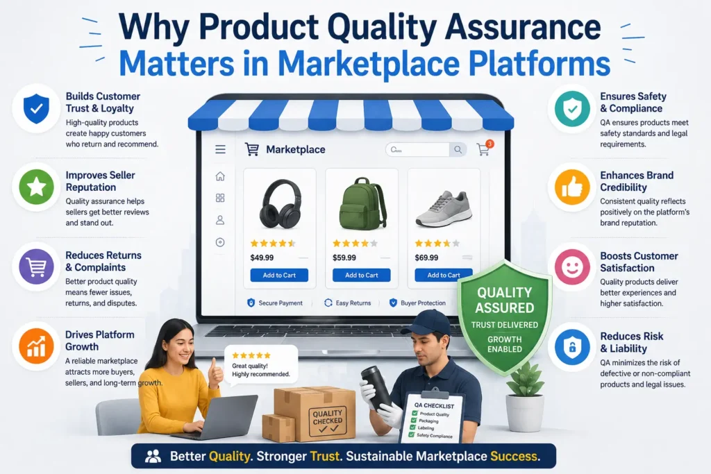 Quality assurance team inspecting products on a marketplace platform to ensure compliance, reliability, and customer satisfaction.