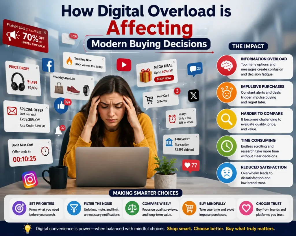 Person overwhelmed by multiple online shopping notifications, ads, and product choices while browsing on a digital device.