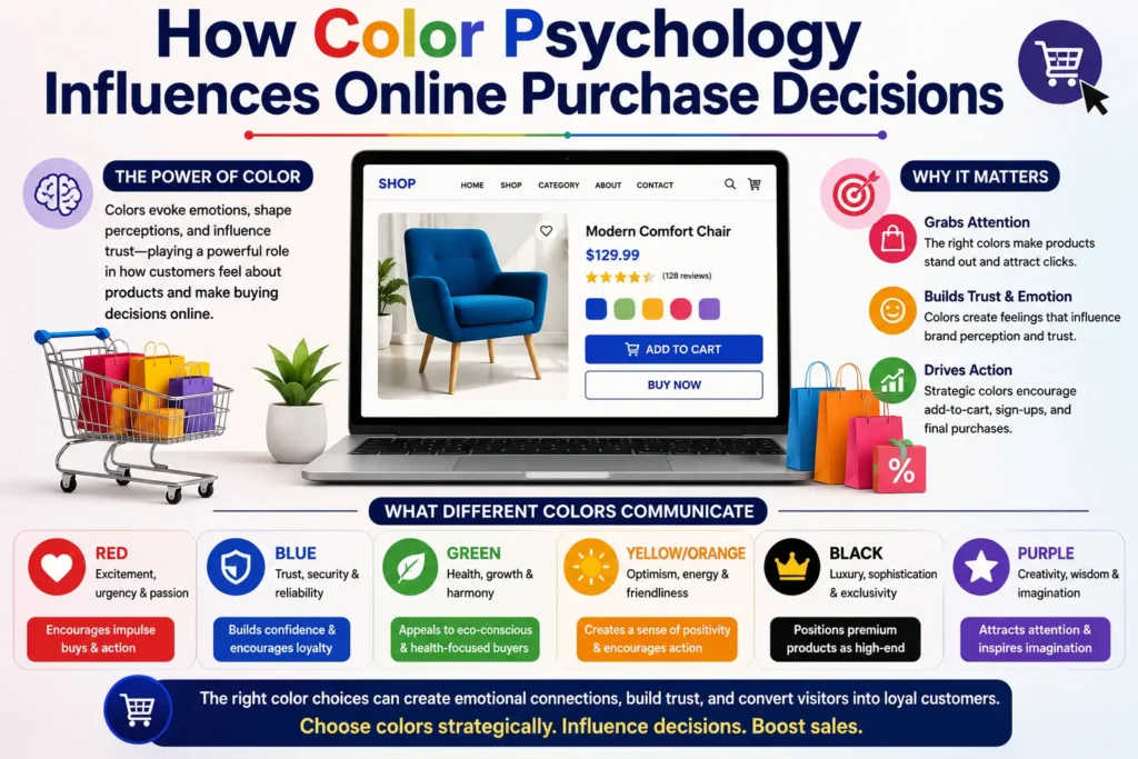 A shopper browsing colorful online product listings, illustrating how different colors influence emotions and purchasing decisions.