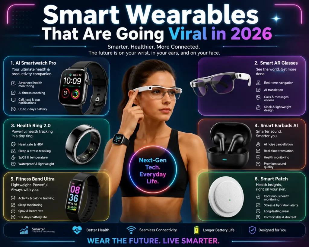 A collection of advanced smart wearables trending in 2026, featuring sleek smartwatches, fitness trackers, smart rings, and AI-powered health devices
