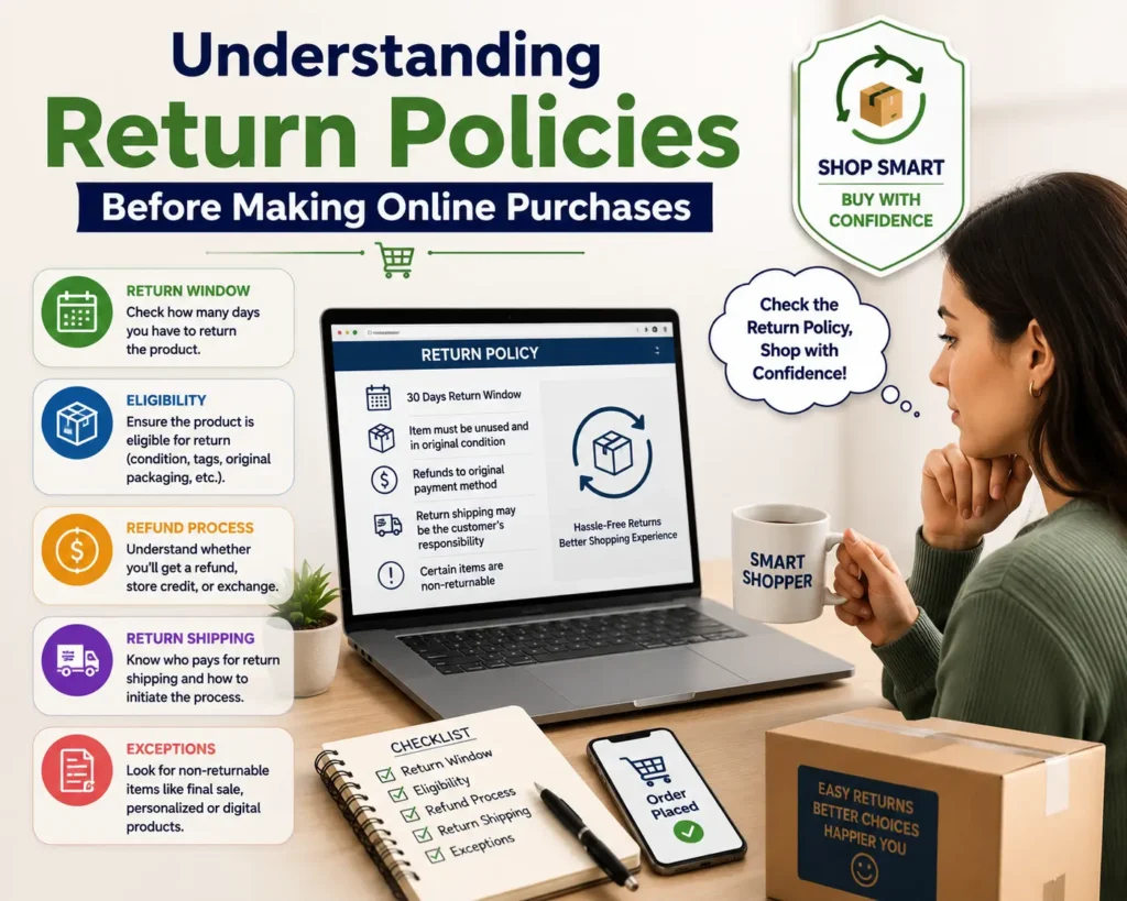 Shopper reviewing an online store's return policy before completing a purchase to ensure a safe and confident buying decision.