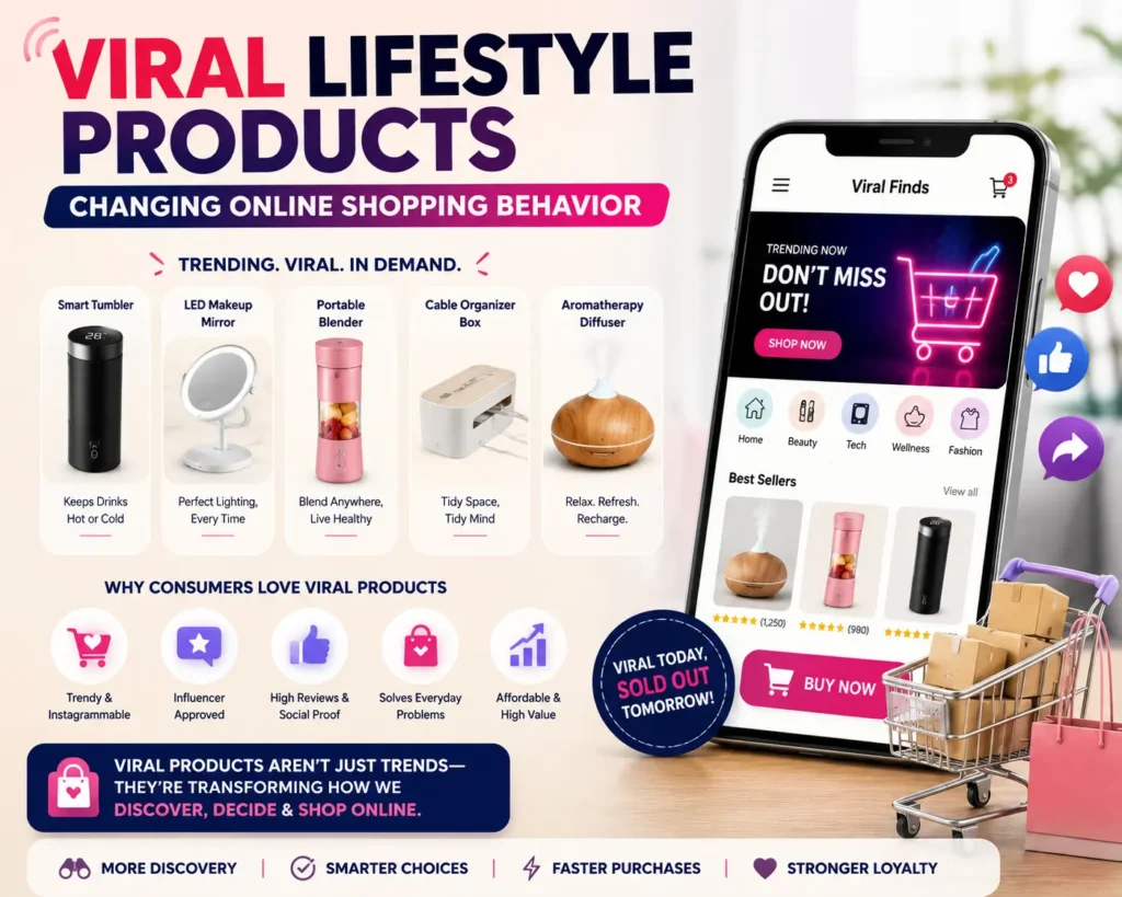 A modern online shopping interface showcasing trending viral lifestyle products influencing consumer buying decisions.