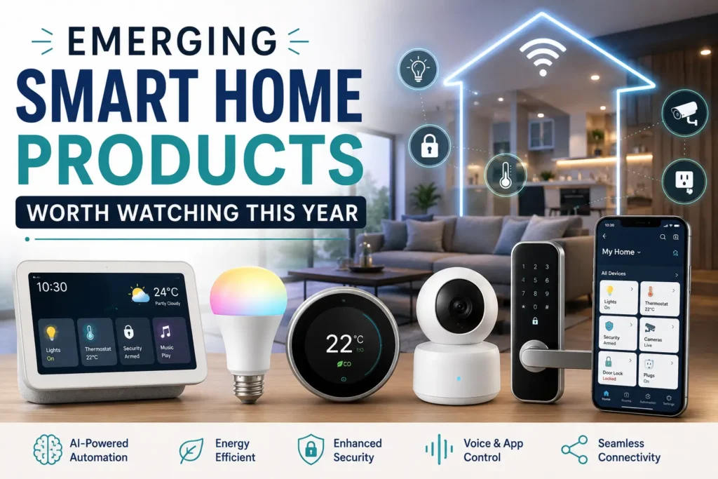 Modern smart home featuring AI-powered security, smart lighting, connected kitchen appliances, and home automation devices.