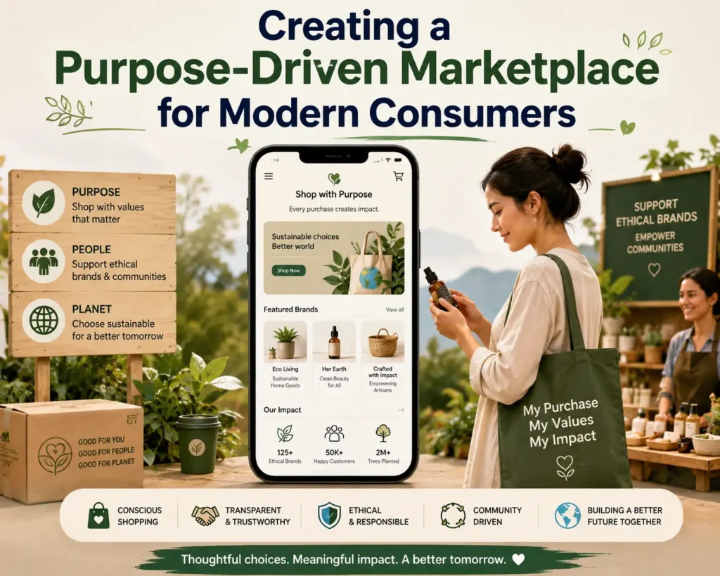 Modern digital marketplace promoting ethical shopping, trusted sellers, sustainable products, and customer-focused experiences.