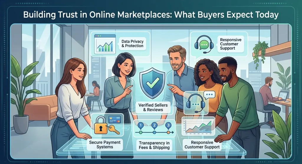 A diverse team in a modern office analyzes data on a high-tech interface, illustrating key pillars of buyer trust in online marketplaces, such as secure payments and transparent fees