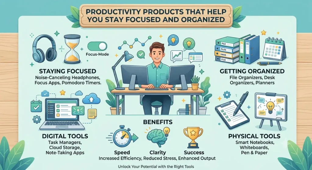 Productivity tools such as planners, task management apps, and organized workspaces designed to enhance focus and efficiency.