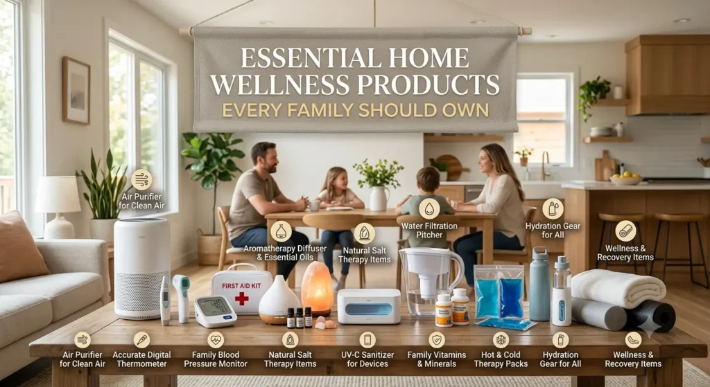 An infographic titled "Essential Home Wellness Products Every Family Should Own" displaying an array of family health items on a table with a family in the background.