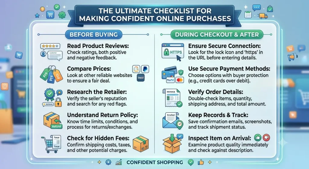 A shopper reviewing product specifications, customer reviews, comparison charts, and secure payment options before completing an online purchase.