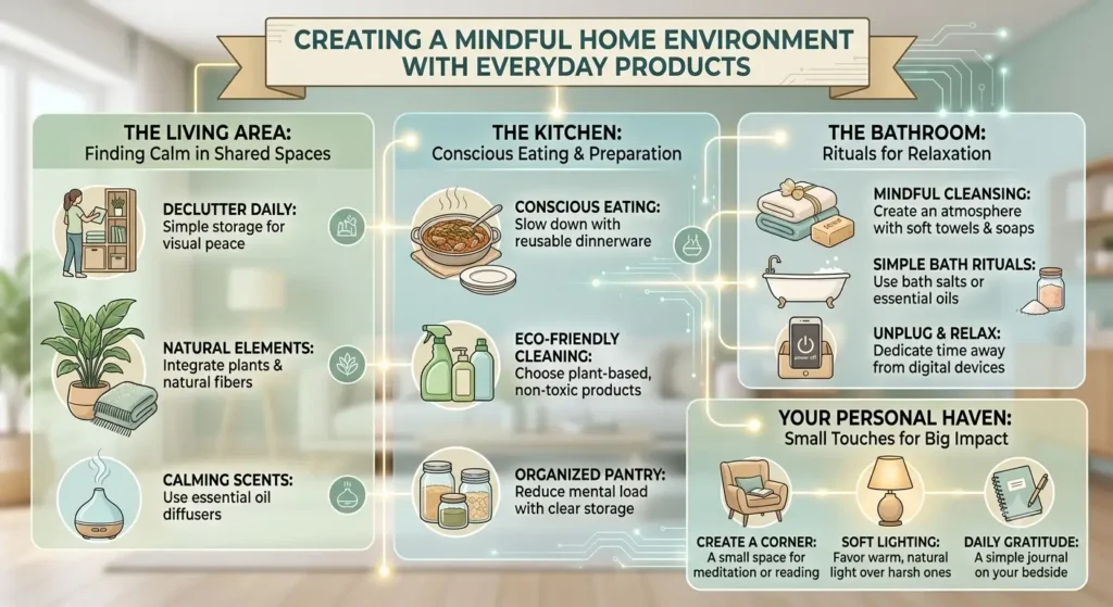An infographic titled "Creating a Mindful Home Environment with Everyday Products" showing interconnected tips for living spaces, kitchen, bathroom, and a personal haven.