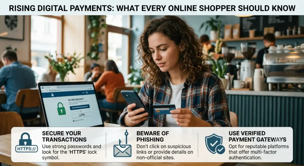 An infographic featuring a woman online shopping with a tablet and credit card, surrounded by text icons detailing money-saving tips like prioritizing trusted brands and using coupons, all under a header titled "HOW TO SAVE MONEY WHILE SHOPPING ONLINE WITHOUT SACRIFICING QUALITY."