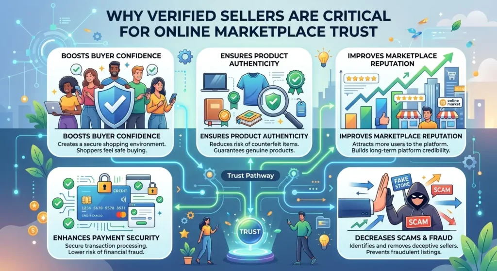 Illustration of verified sellers building trust through secure, authentic, and reliable online marketplace transactions.