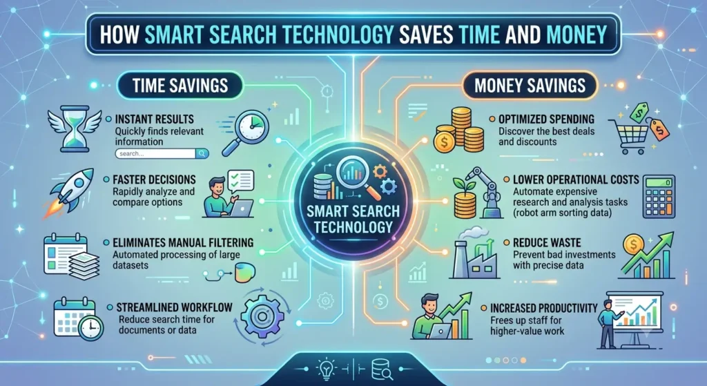 Illustration of smart search technology helping users quickly find relevant products, services, and information online.