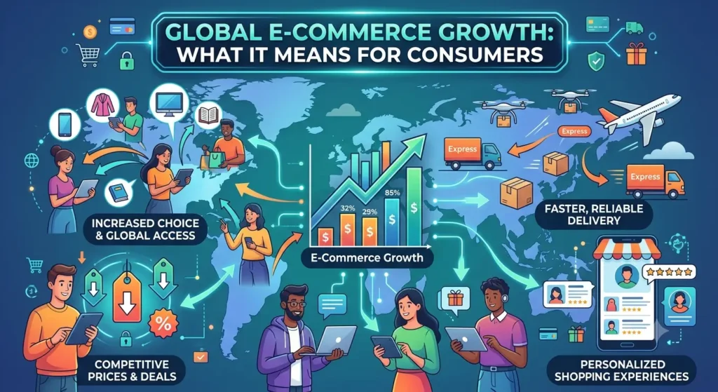 A modern infographic illustrating the growth of global e-commerce and its impact on consumer access, choice, and online shopping experiences.