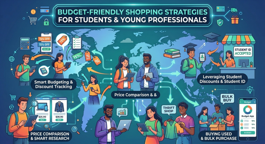 Student and young professional comparing prices online, using budgeting tools and discount offers to make smart purchasing decisions.