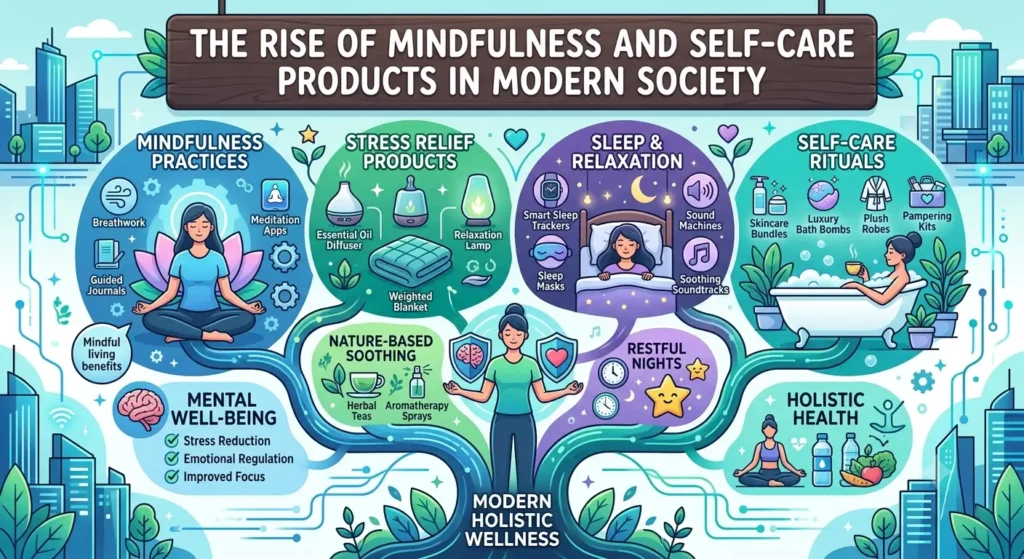 Mindfulness and self-care products, including journals, candles, and wellness accessories, arranged in a peaceful and relaxing setting.