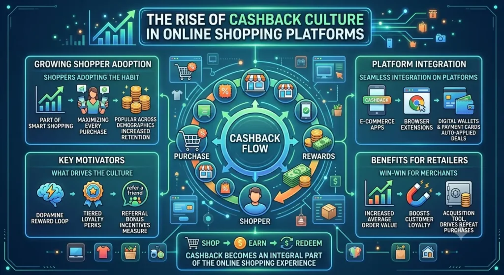 Digital illustration of online shoppers earning cashback rewards through e-commerce purchases.
