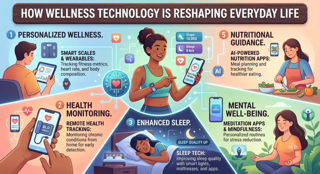 Person using wellness technology devices and health apps to monitor fitness, sleep, and overall well-being in daily life.