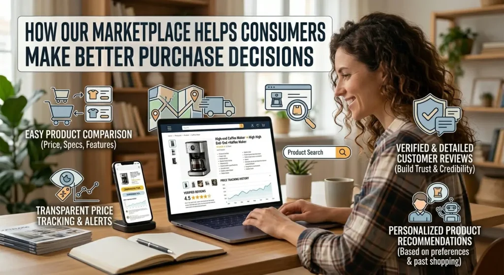 An infographic titled "How Our Marketplace Helps Consumers Make Better Purchase Decisions" showing a woman using a laptop with four key features: easy comparisons, price tracking, detailed reviews, and personal recommendations.