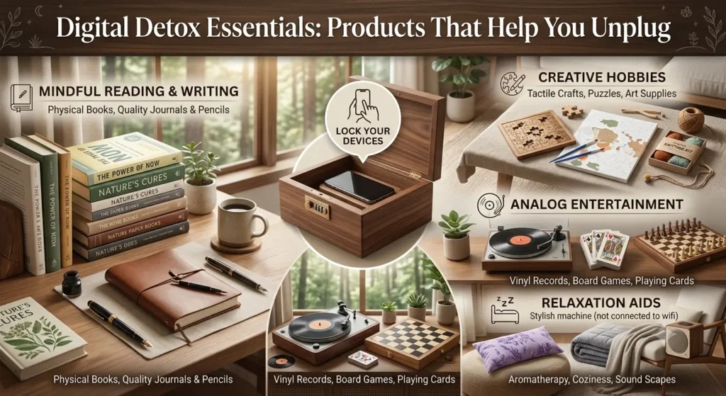 Digital detox products such as journals, books, and wellness tools arranged in a calm, screen-free environment promoting relaxation.