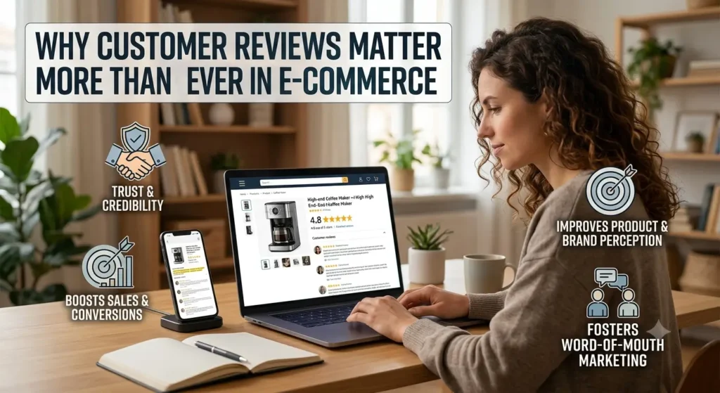 An infographic titled "Why Customer Reviews Matter More Than Ever in E-Commerce" showing a woman looking at product ratings on a laptop alongside key marketing benefit icons.