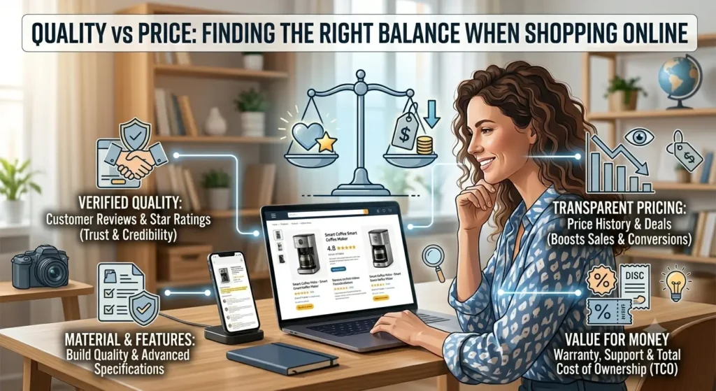 A professional shopping-themed visual comparing product quality and price, helping consumers make informed online purchasing decisions.
