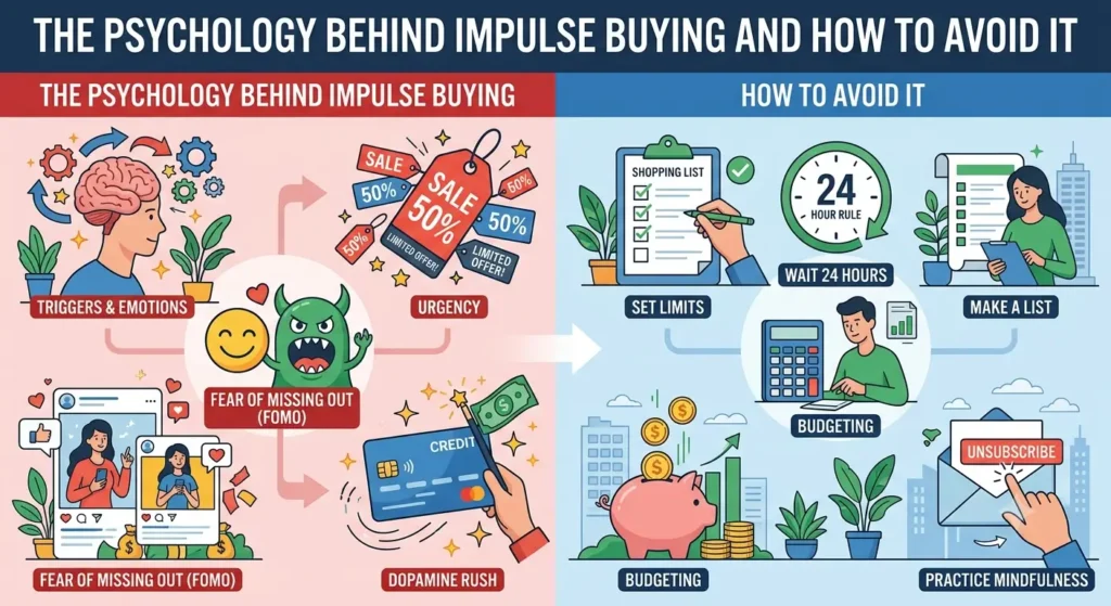 A two-part infographic titled "The Psychology Behind Impulse Buying and How to Avoid It," contrasting emotional shopping triggers like FOMO with practical solutions like budgeting and waiting 24 hours.