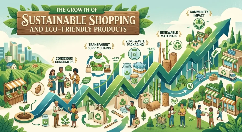 An infographic titled "The Growth of Sustainable Shopping and Eco-Friendly Products" featuring a rising green arrow that charts conscious consumerism, zero-waste packaging, and community impact.