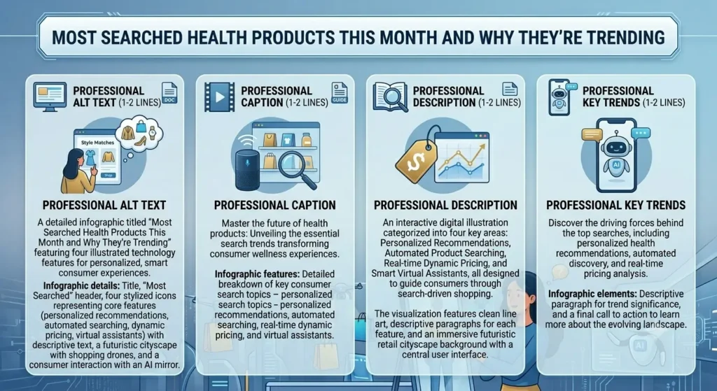 An infographic template titled "Most Searched Health Products This Month and Why They're Trending" with four distinct columnar panels detailing consumer search trends and features.