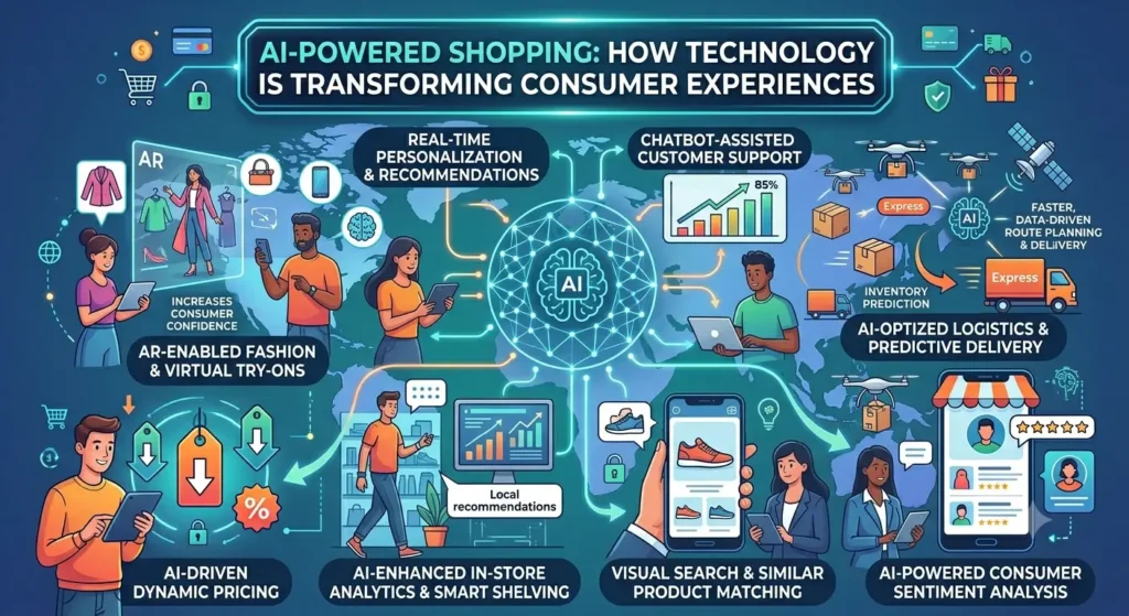 AI-powered shopping platform displaying personalized product recommendations, virtual assistants, and smart search features for an enhanced customer experience.