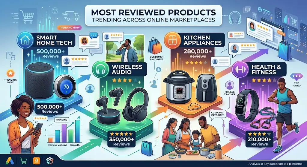 A professional data infographic comparing four highly-reviewed trending e-commerce product categories: Smart Home Tech, Wireless Audio, Kitchen Appliances, and Health & Fitness.