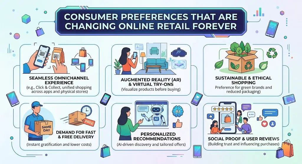 Illustration of modern online shoppers using digital devices to compare products, read reviews, and make personalized purchasing decisions, highlighting evolving consumer preferences in e-commerce.