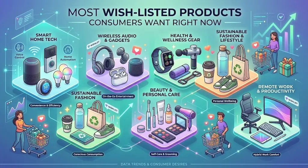 A modern collage showcasing the most wish-listed consumer products, including smart gadgets, fashion, beauty, home essentials, and lifestyle items that shoppers are eager to buy.