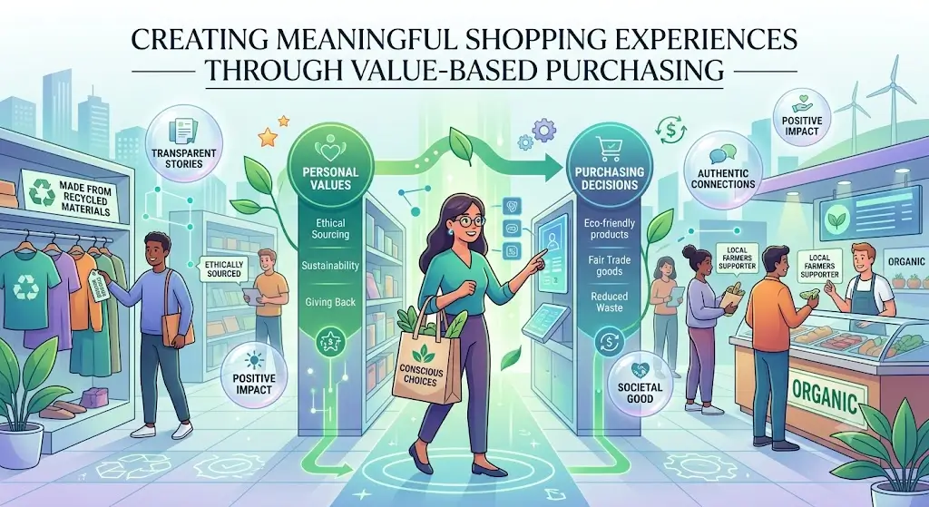 A shopper thoughtfully compares products and selects items based on quality, sustainability, and long-term value, representing value-based purchasing.