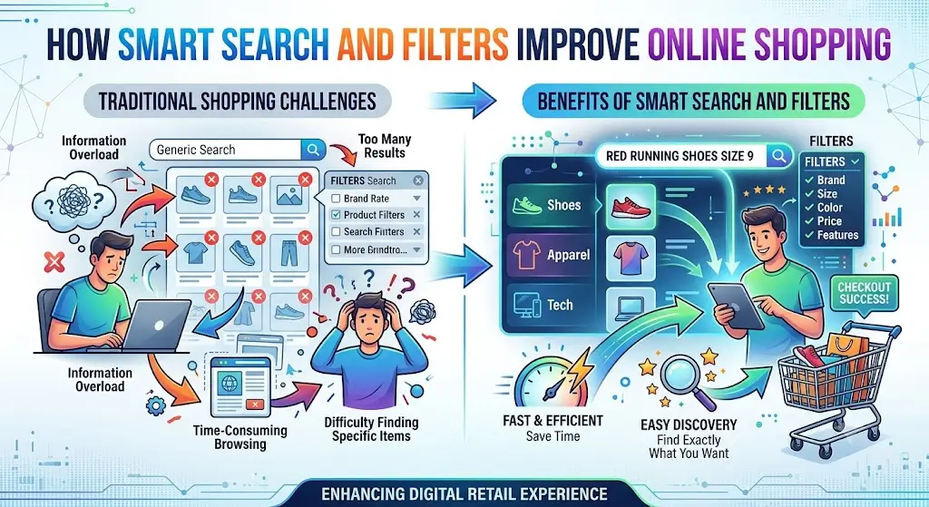 A modern infographic illustrating the contrast between the frustration of traditional, cluttered online shopping searches and the efficient, successful experience provided by smart search and precise filters.