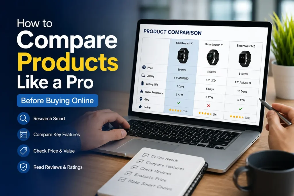 A professional online shopping comparison scene showing a buyer evaluating products on a laptop using price, features, ratings, reviews, and warranty information before making a purchase decision.