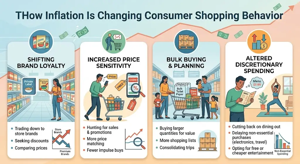 A detailed infographic poster titled "HOW INFLATION IS CHANGING CONSUMER SHOPPING BEHAVIOR," presenting four illustrated panels that analyze shifting brand loyalty, price sensitivity, bulk buying, and discretionary spending with clear data points and behavioral trends.