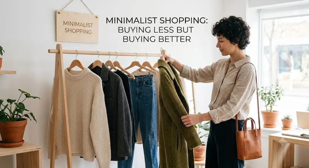 A minimalist shopping concept featuring a few high-quality essentials arranged neatly, highlighting the idea of buying less while choosing products that last longer.