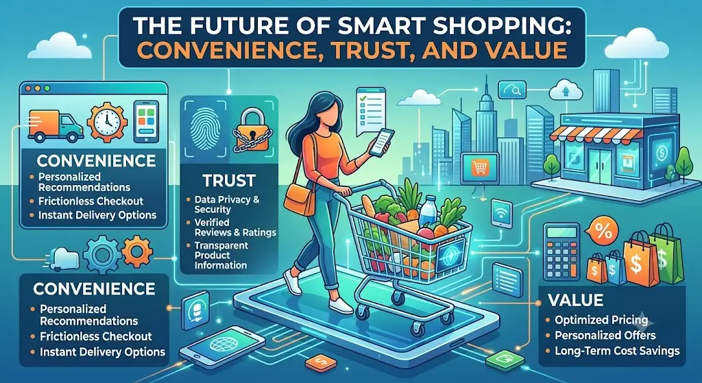 The Future of Smart Shopping: Convenience, Trust, and Value, showcasing modern digital shopping tools, secure transactions, and informed purchasing decisions.