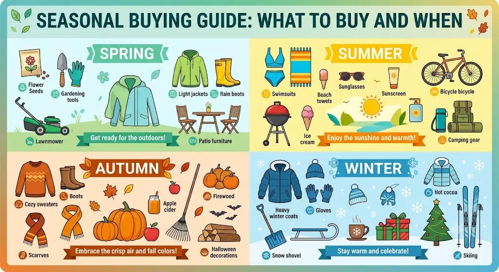Illustration of a seasonal buying guide highlighting the best products to purchase throughout the year for smarter savings