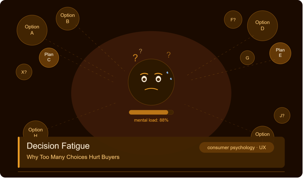 Visual showing a consumer overwhelmed by numerous product choices while shopping online.