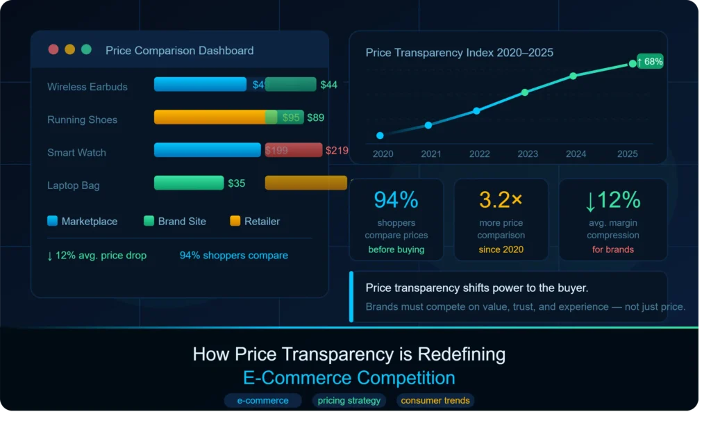 Illustration of online shoppers comparing transparent product prices across multiple e-commerce platforms.
