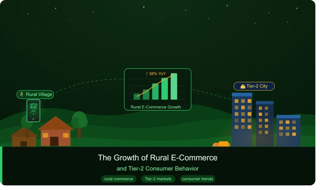 Illustration of rural and Tier-2 consumers using e-commerce platforms through smartphones for online shopping.