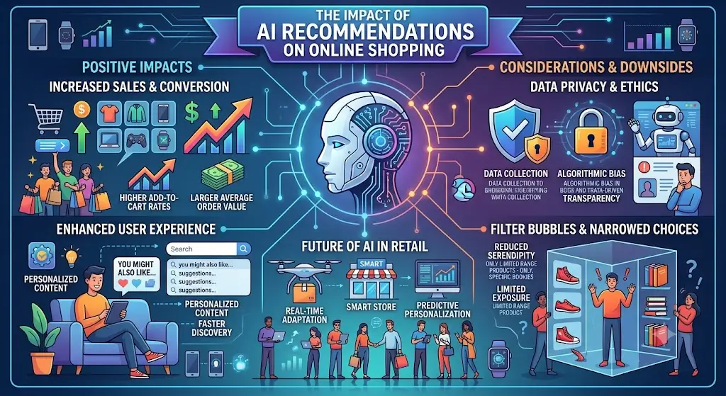 The Impact of AI Recommendations on Online Shopping, featuring personalized product suggestions, smart algorithms, and enhanced digital shopping experiences.