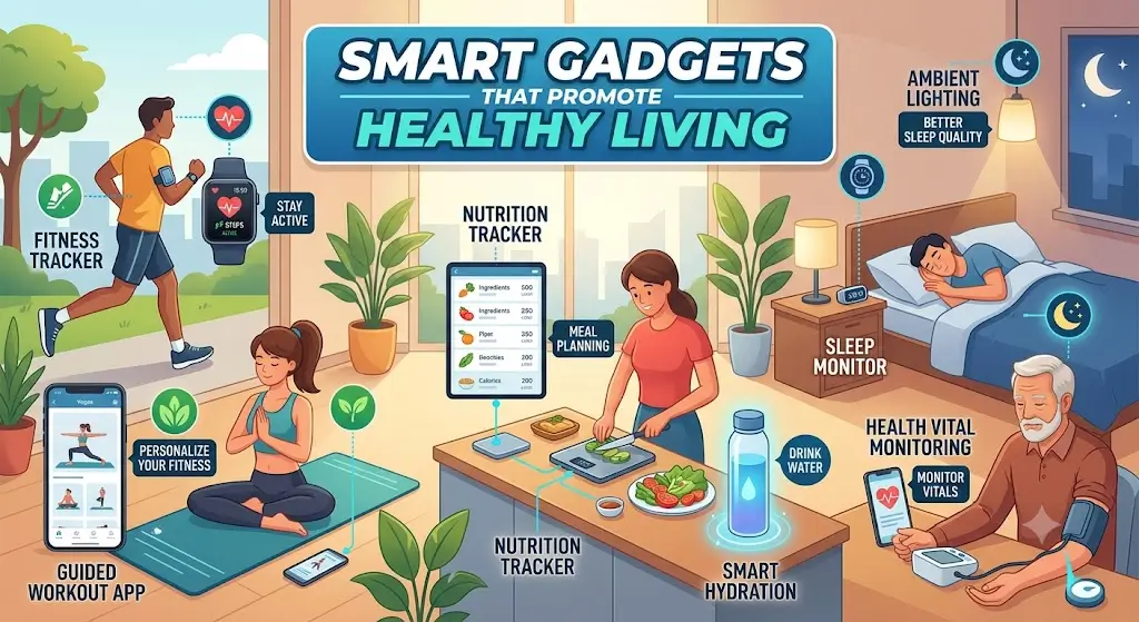 Smart health gadgets including a fitness tracker, smartwatch, and digital wellness devices promoting an active and healthy lifestyle.