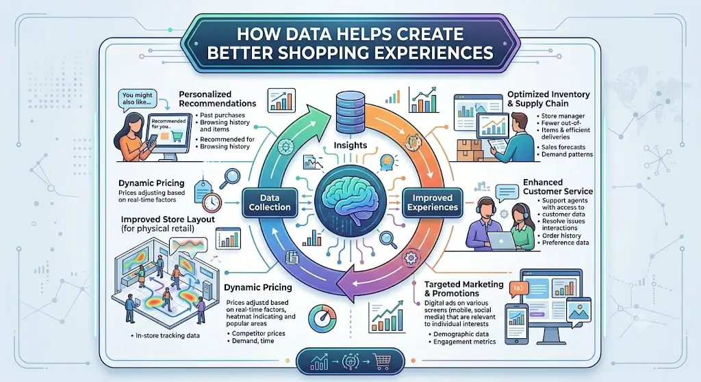 Illustration of shoppers using data-driven insights and personalized recommendations to create a smarter, more seamless online shopping experience.